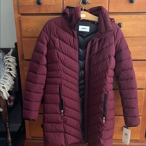 DKNY Women's Burgundy Hooded Quilted Puffer Coat